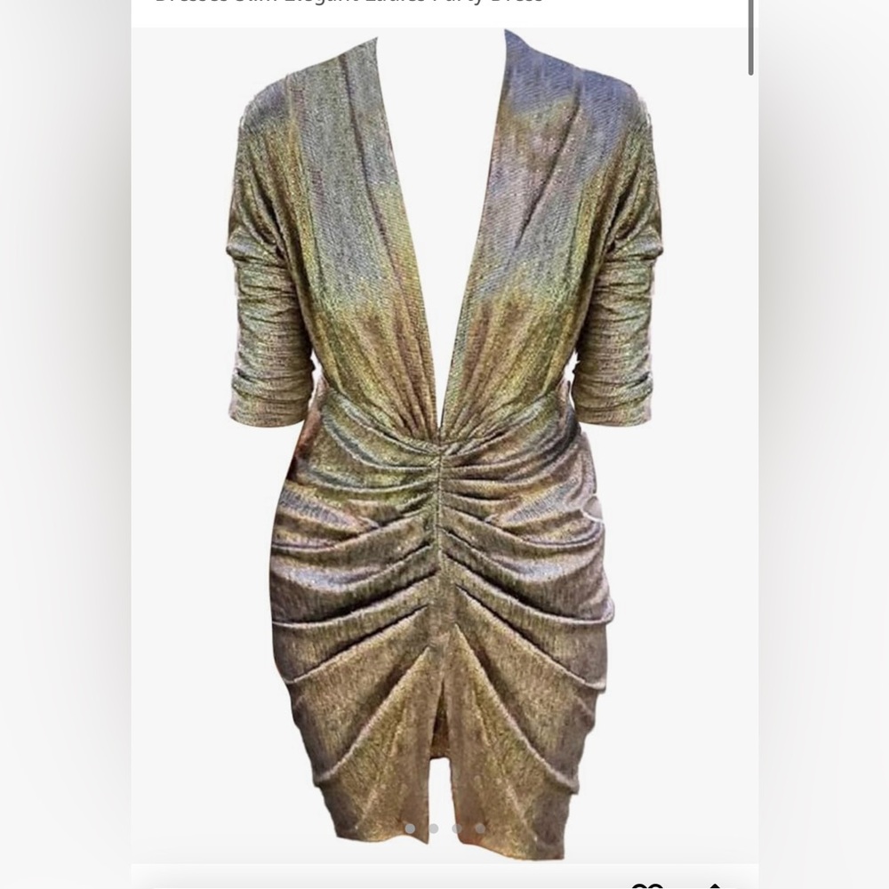 Women Sexy V Neck Long Sleeve Mini Elegant Party Dress Gold Size M NWT